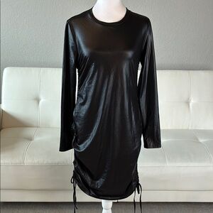 Faux-Leather Black Long-Sleeve Drawstring Dress by Ramisu